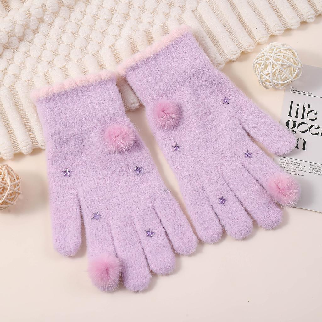 New cute hairball knitted wool gloves for women to keep warm in winter, touch the screen with five fingers for outdoor riding to prevent cold