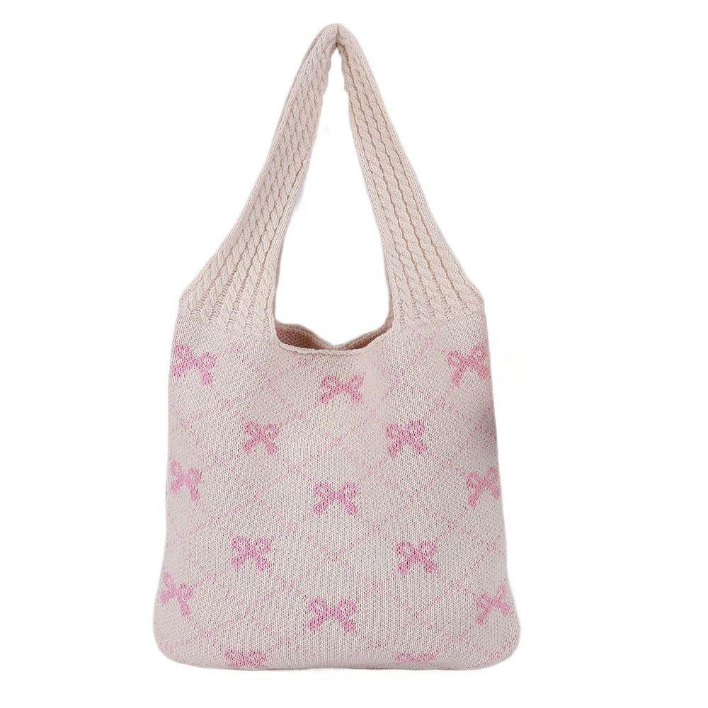 

Sweet Crochet Tote Bag Large Capacity Beach Bag Elegant Casual Woven Handbag Outdoor/Travel Beige Pink