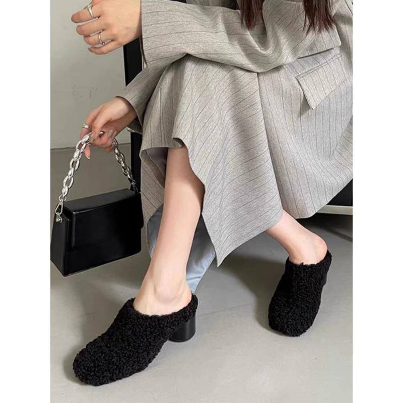 Fashion Fur Lambswool Heeled Slippers Woman Luxury Solid Color Horse Hair Round Toe Covered Toe Shoes Woman Designer Brand Casual Shoes