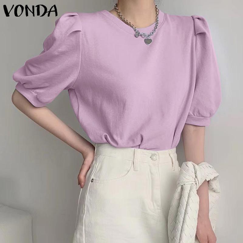 

Летние женские однотонные повседневные мешковатые топы VONDA с ​​короткими рукавами-фонариками и круглым вырезом