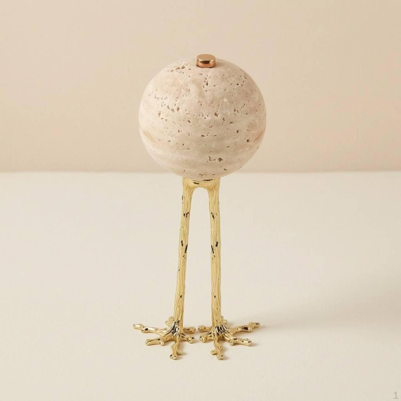 Travertine Sphere Ornament Goldornithological Leg Stand Piece Speckled Texture Stone Decor for