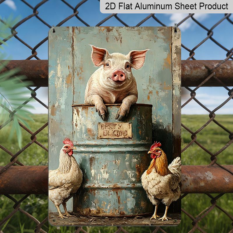 

2D Flat, 1pc Rustic Farmhouse Vintage Metal Sign - 8x12 Inch Aluminum Wall Plaque with Whimsical Pig & Chicken Design, No Electricity Needed, Easy 20*30cm