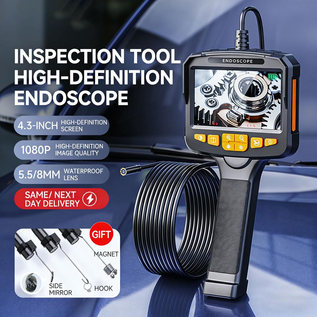 Industrial Endoscope Camera 4.3'' LCD Digital Handheld Borescope IP67 Waterproof HD1080P 8mm Pipe Sewer Camera Semi-Rigid Cable