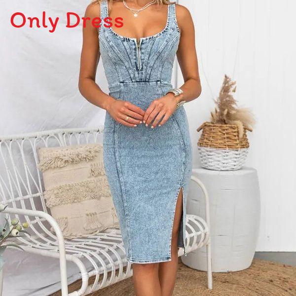 Vestido de Mezclilla con Encaje en V sin Mangas para Uso Casual de Verano