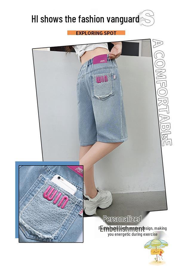 Girls' Summer Denim Shorts - Breathable, Fashionable Capri Pants for Kids