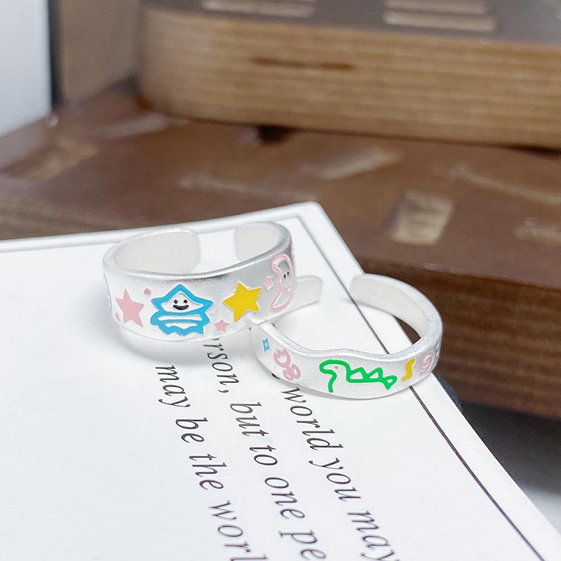 Anel Aberto Esmaltado de Dinossauro Pintado Design de Nicho Feminino Anel Fofo para Dedo Indicador com Contraste Anel Empilhável Ajustável