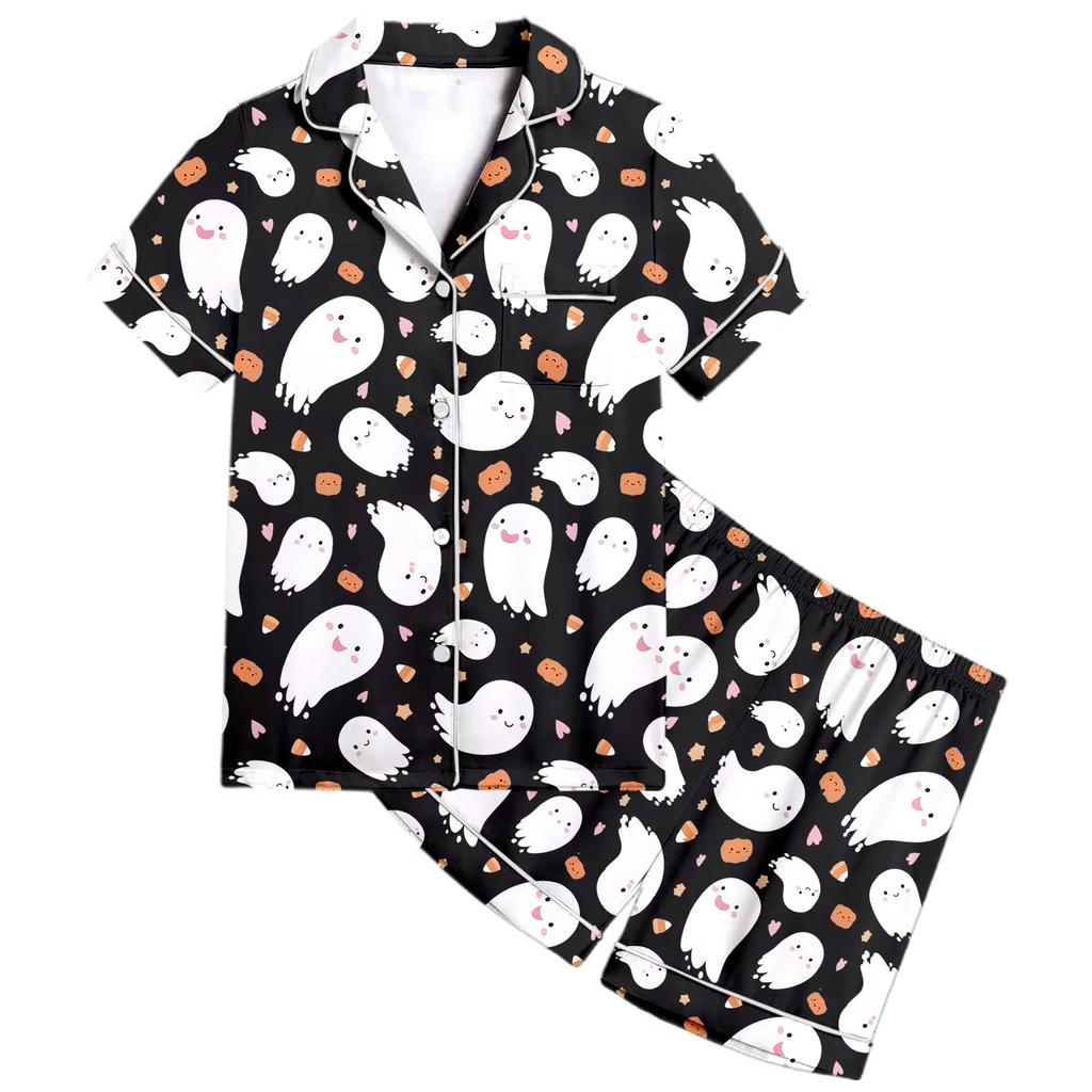 Kids Halloween Print Short Sleeve Pajama Set with Lapel Collar Top and Matching Shorts
