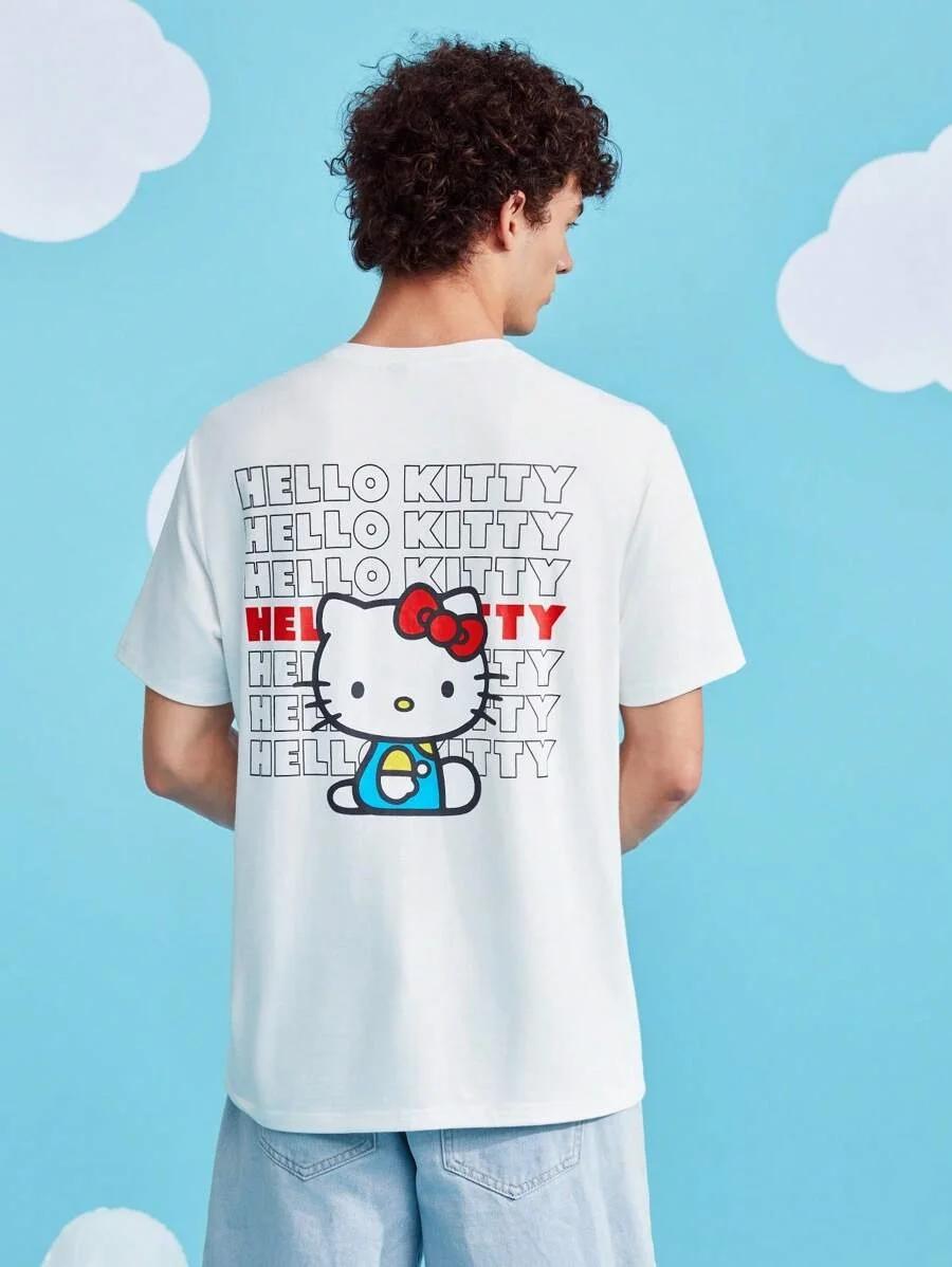 

2025 Новые мужские футболки Hello Kitty Текстовый узор Поп Смешная футболка Футболки с коротким рукавом Футболки с круглым вырезом Одежда Идея для подарка 4XL