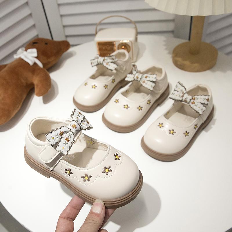 Girls Leather Shoes Sweet Flower Kids Flats Round Toes Cute Bow 2025 New Fashion Girls Princess Shoes Non-slip Soft Sole Ins