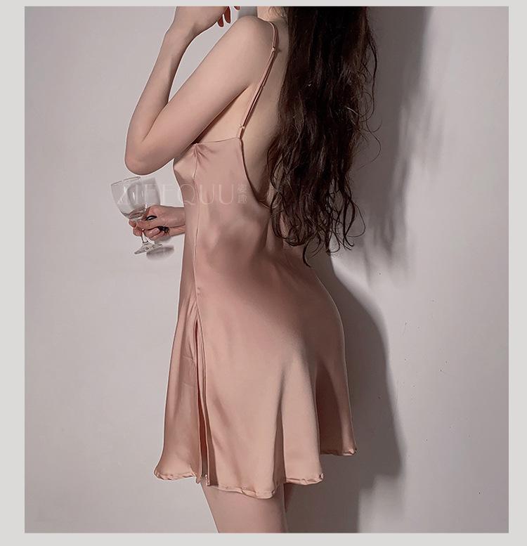 Ziqu Sexy Satin Deep V Slit Backless Nightdress for Women