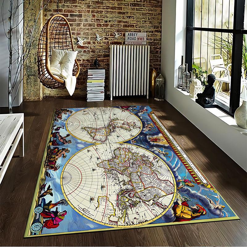 Antique World Map Carpet suitable as a non-slip mat for the living room or bedroom sofa