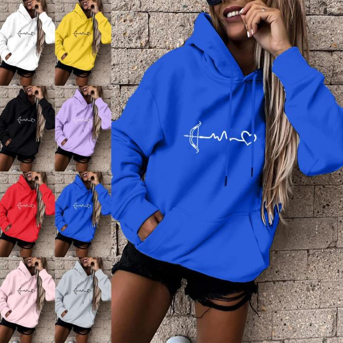 Korean Style Velvet EKG Print Casual Hoodie, Unisex Long Sleeve Pullover for Autumn/Winter