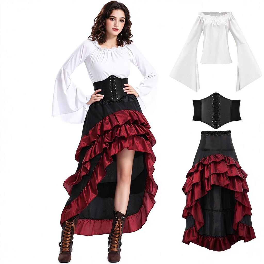 Abito Corsetto Arricciato Gonna Pirata - Costume Medievale di Halloween, Personalizzabile