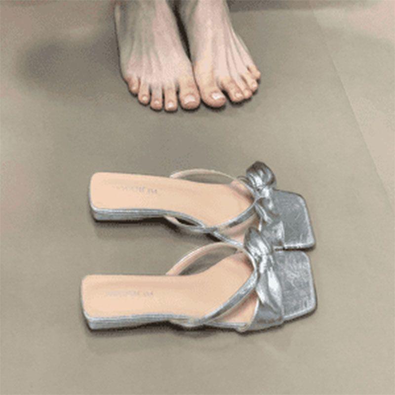 Bow Square Head Women's Wedge Heels Slippers Summer New One-pedal Fashion Casual One-word Sandals