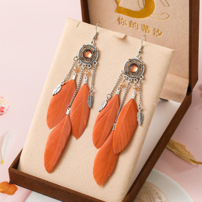 New Vintage Round Rhinestone Feather Earrings for Women Ethnic Elegant Long Drop Earring Wedding Vacation Female Jewelry