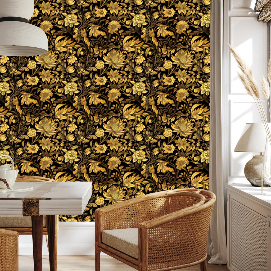 Golden Hibiscus Wallpaper Ochre, Gold and Black for Living Room and Bedroom 50x1000