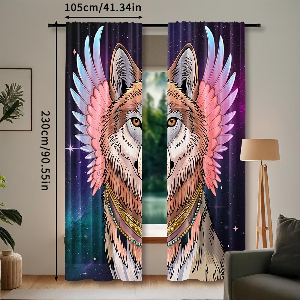 2pcs Fantasy Wolf Curtains   Starry Sky Print   Semi-Sheer Polyester   Machine Washable   Rod Pocket   Woven Decorative Light Filteri