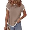 Women Crew Neck Contrast Trim Ribbed T Shirt Short Sleeve Pocket Casual Top