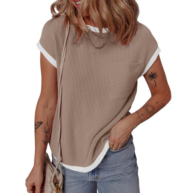 Women Crew Neck Contrast Trim Ribbed T Shirt Short Sleeve Pocket Casual Top