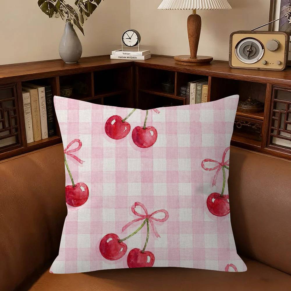 Art Pink Bow Cherry Lovely Kawaii Cushion Cover Inches Farmhouse Decor Home Throw Pillow Covers For Couch Decorations