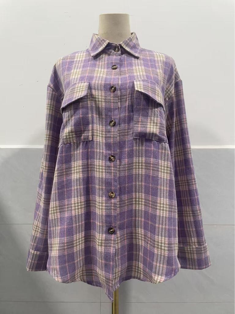 European & American Women's Casual Plaid Pocket Shirt – Autumn Winter 2025 Collection
