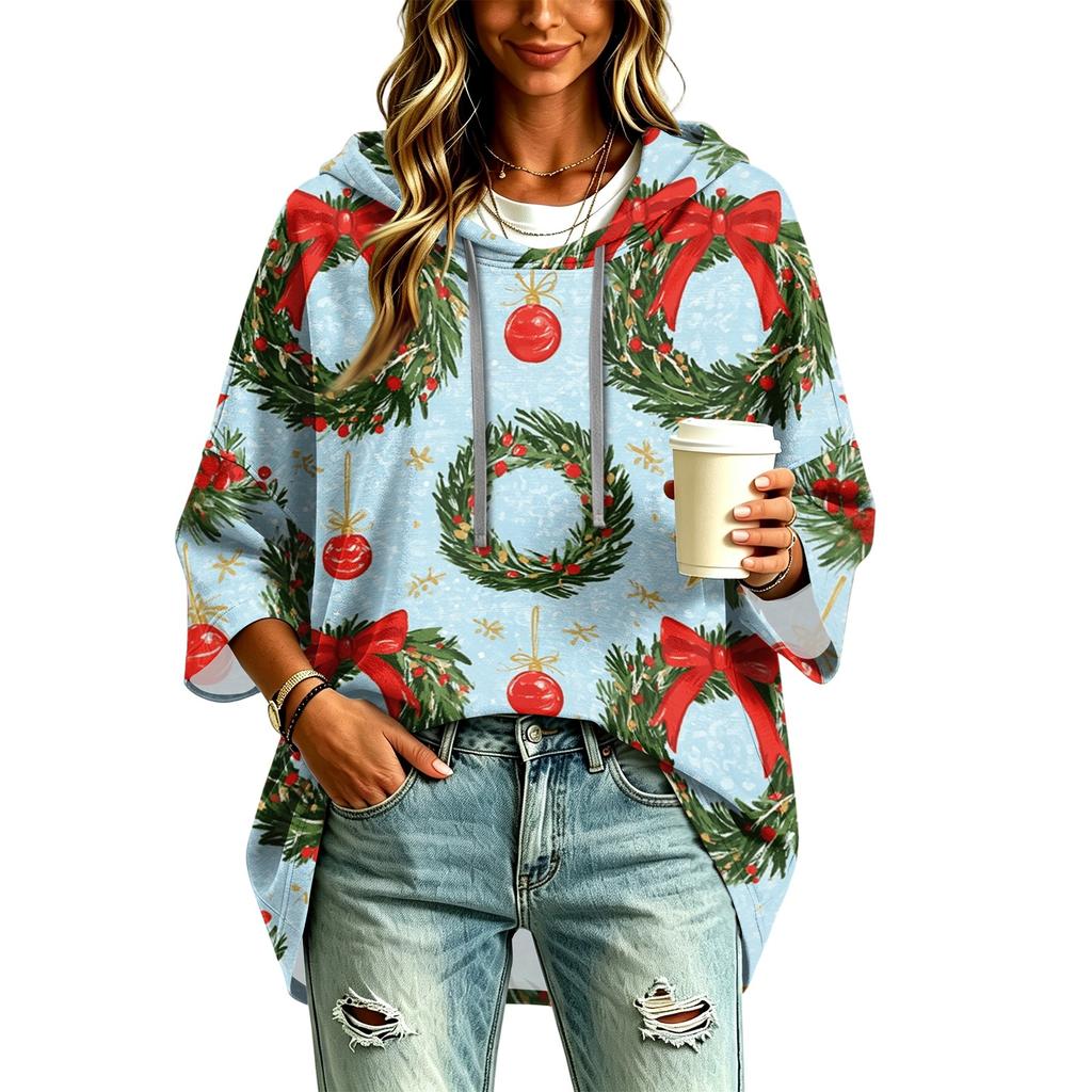 Women's Fashion Christmas Print Hooded Pullover Top, 3/4 Sleeve Casual Tunic