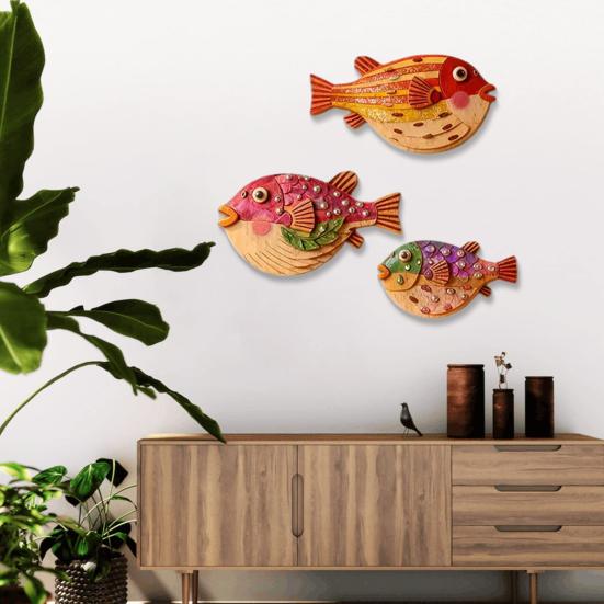3 Stück/Set Vintage Puffer Wanddekoration, Küsten-Holzfisch Hängeornament, Maritime Meeres-Thema Wandkunst für Badezimmer, Wohnzimmer