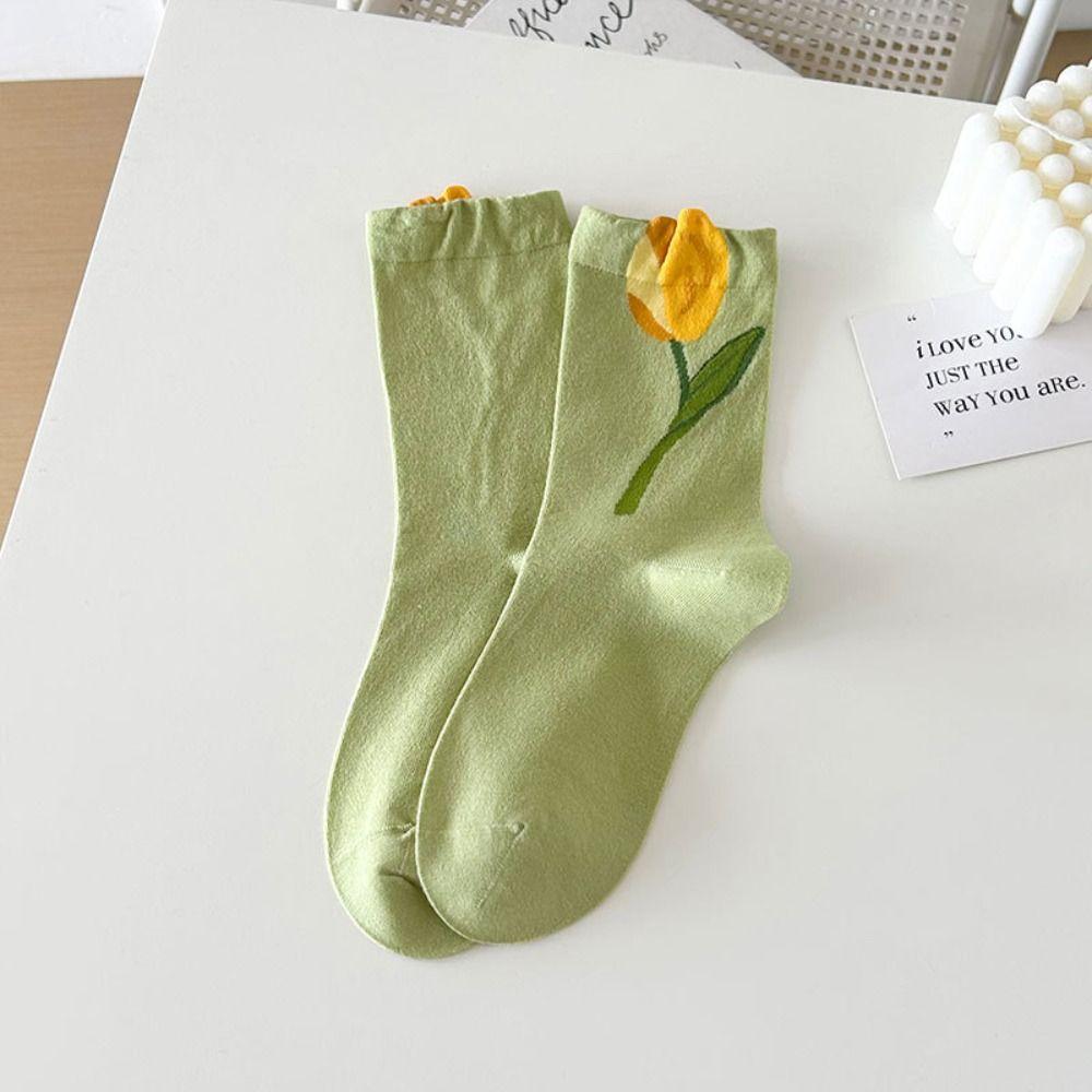 5Pairs Sweet Tulip Flower Socks Thin Socks for Women Soft Mid Tube Socks  Girl