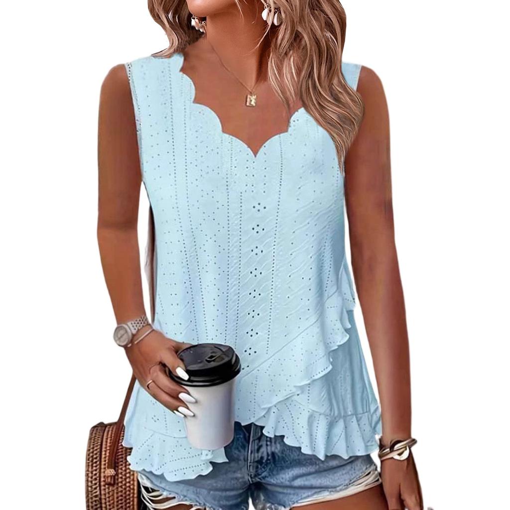Tank Top For Women Summer Outfits V Neck T Shirts Trendy Eyelet Sleeveless Basic Beach Vacation Clothes