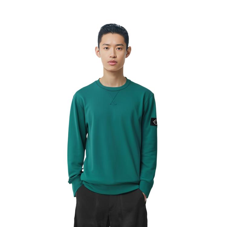 Calvin Klein Logo Badge Solid Loose Fit Crew Neck Long Sleeve Sweater Men sweater Deep-Sea-Blue J30J323426-CA4