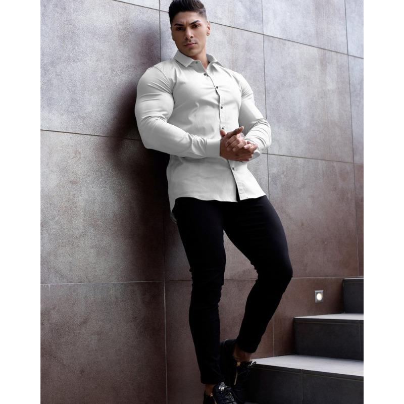 Men Muscle Slim Fit Long Sleeve Turn Down Collar Casual Sports Fitness Shirt