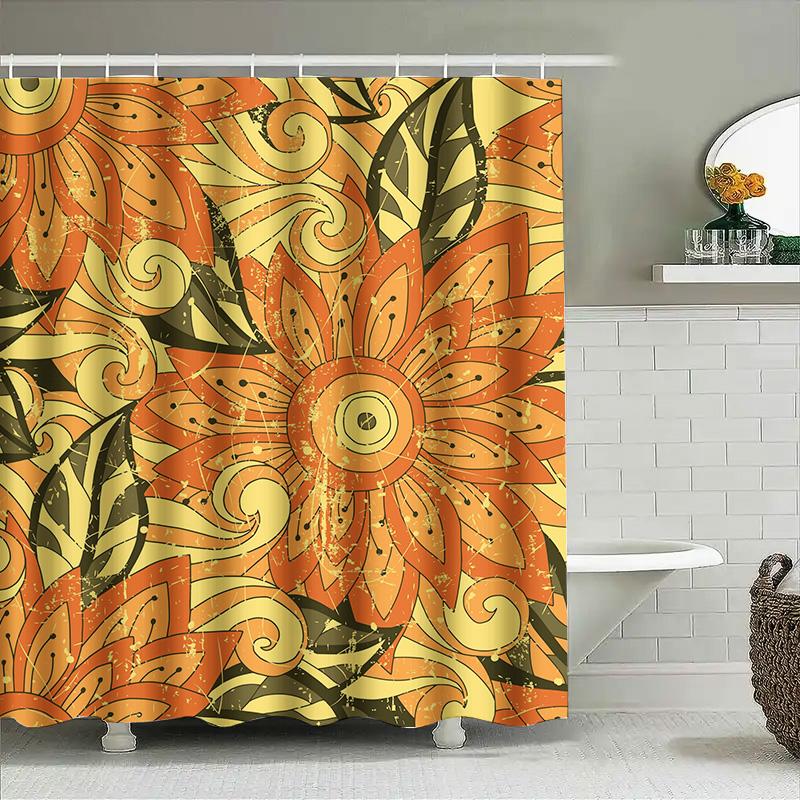 Decorative Shower Curtain Floral Sunflower Pattern With Black Splashes For Bathroom Decor In Orange Gold Size72X84Inches (183X21