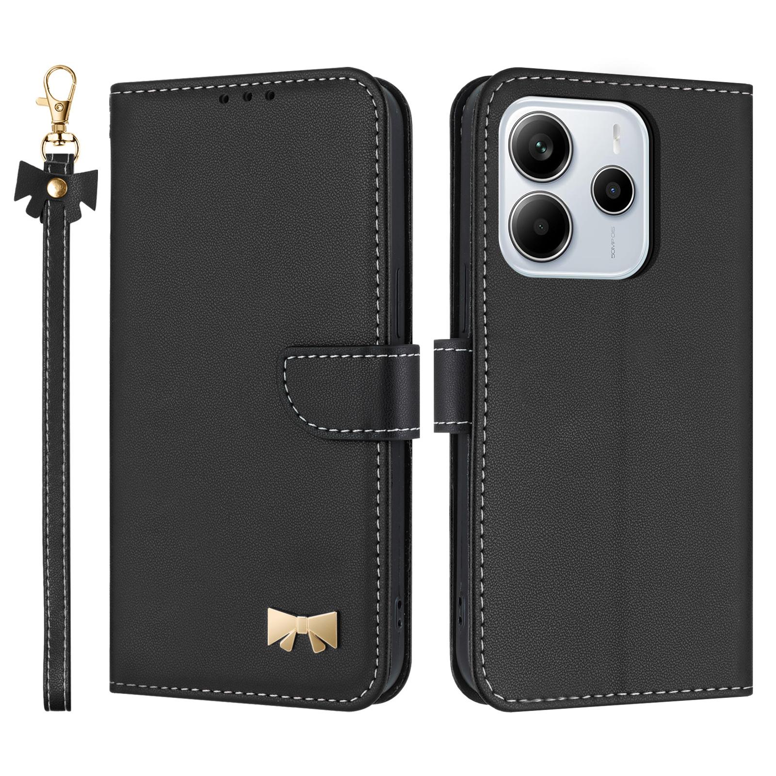 

For Xiaomi Redmi Note 14 5G/Poco M7 Pro 5G Case Bowknot Decor Wallet Leather Phone Cover with Wrist Strap - Red Black