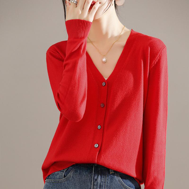Chic Casual V-Neck Cardigan - Comfortable Micro-Elastic Knitwear, Versatile Solid Color with Button-Up Design for Spring/Fall Women's Fashion