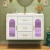 76cm Wall-Mounted Bathroom Cabinet with Sink, White Wood Grain, Fluted Glass Door, LED Lighting, Adjustable Shelves & Drawers, Without Tap