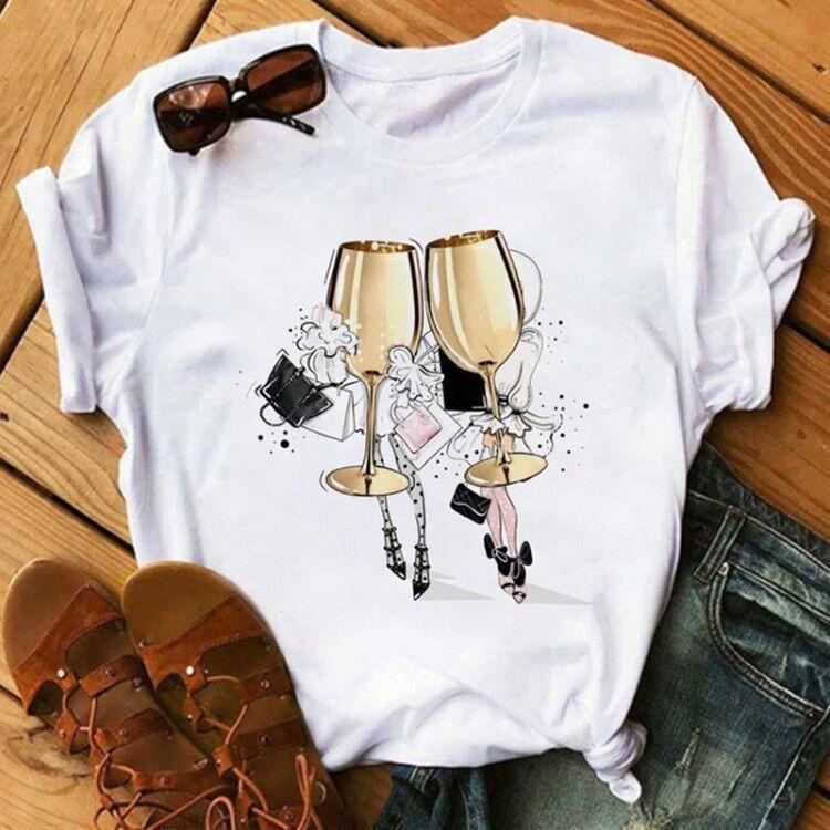 T-shirt a maniche corte da donna Primavera Estate Moda Tacchi Alti Stampa Bicchiere da Vino Grafica Tessuto in Poliestere Top Casual per Signore