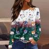Women's Fashion Casual Slit Hem Round Neck Long Sleeve Loose Christmas Printed T-Shirt Ladies Top