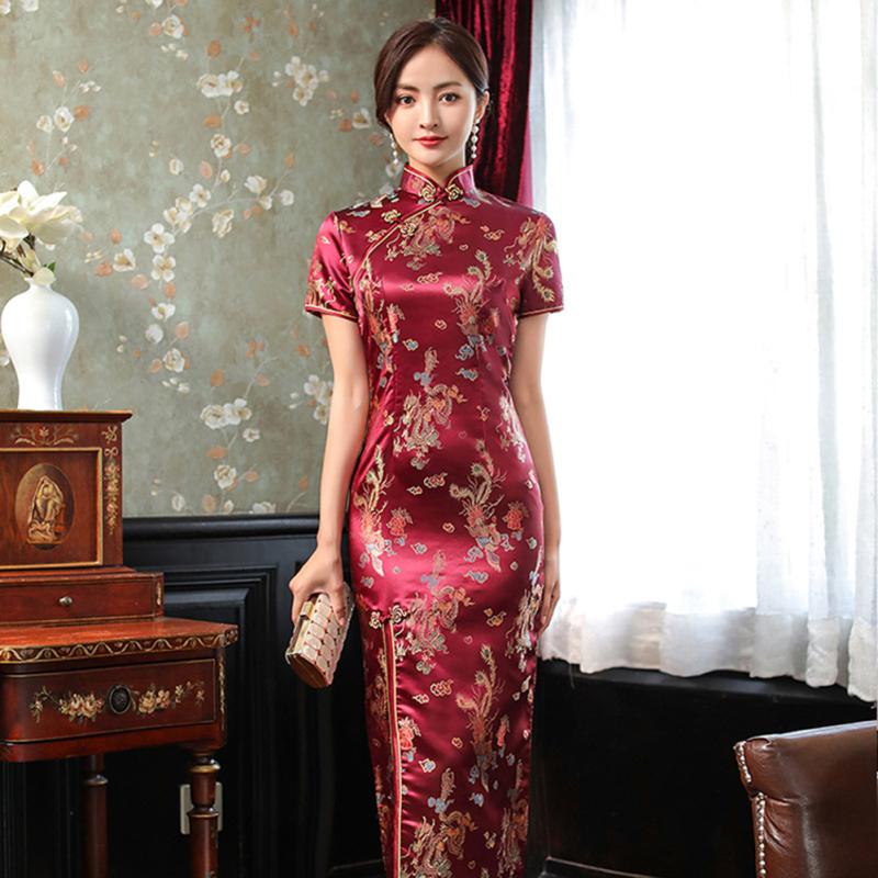 Women Short-sleeved Cheongsam  Dress Elegant High Split Hem Stand-up Collar Retro Chinese Style