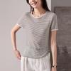 Round Neck Short-Sleeved Thin Striped Knitted Sweater for Women
