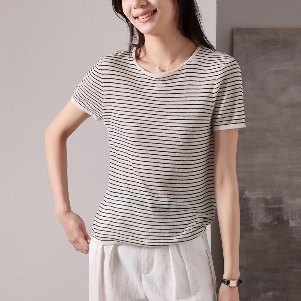Round Neck Short-Sleeved Thin Striped Knitted Sweater for Women
