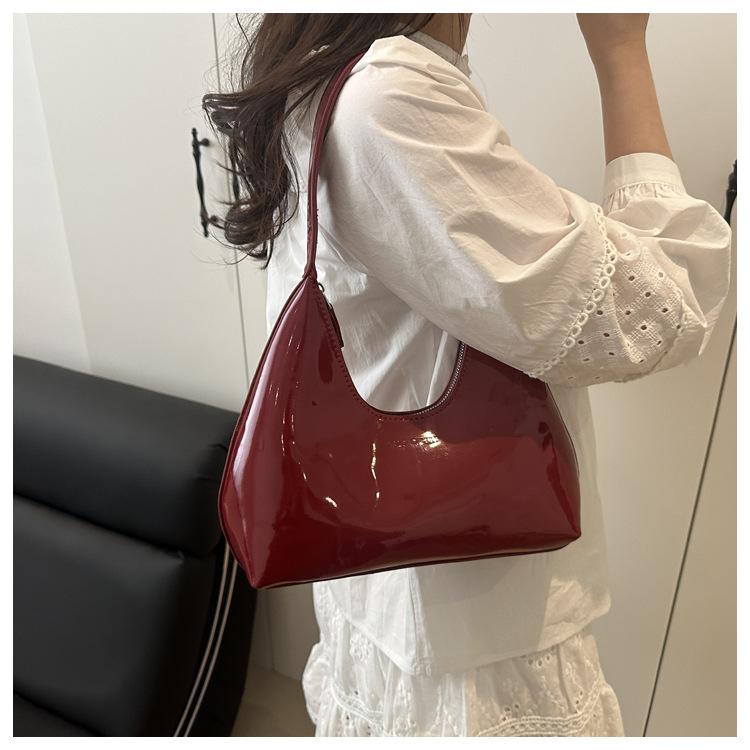 Glossy Faux Leather Crescent Bag for Women Fashionable Handheld Shoulder Purse Trendy Daily Clutch