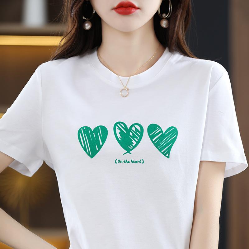 New Summer Mercerized Cotton T-shirt for Women Round Neck Slim and Versatile Printed Cotton Thread Short-sleeved Slim Korean Top