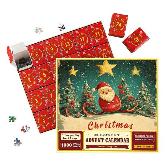 1000Pcs/Set Christmas Jigsaw Puzzle Advent Puzzle 2025 24 Days Educational Puzzle Xmas Countdown Calendar Decoration Holiday Party Gift