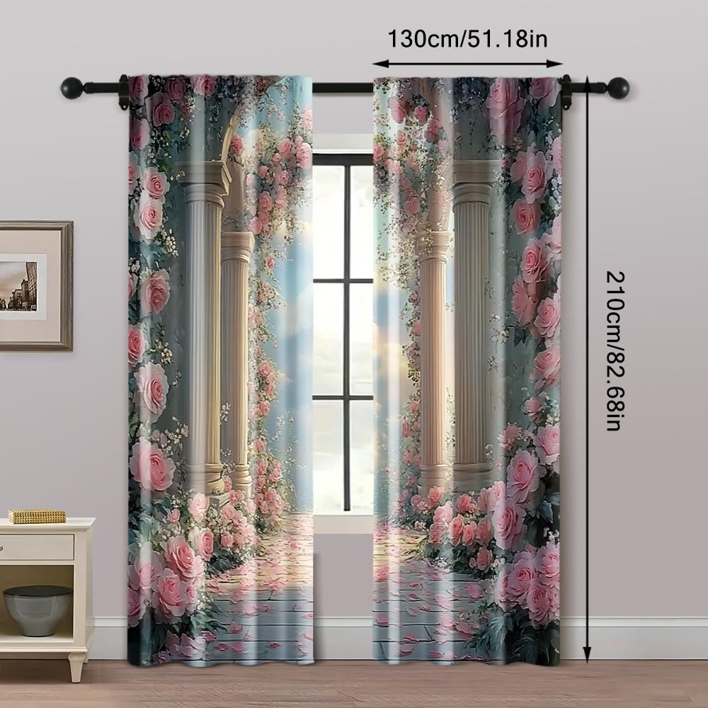 2pc,  Romantic Valentine's Day Party Window Curtains Fresh and colorful rose Versatile Fabric,Without Electricity Spring Party &
