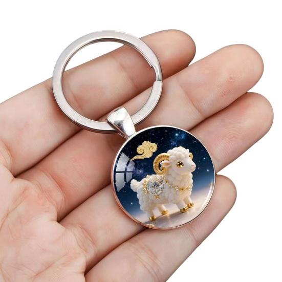 Zodiac Keychain Dome Glass Zinc Alloy Keychain with Starry Sky Background Golden Foil Embellishments 12 Zodiac Signs Key Holder