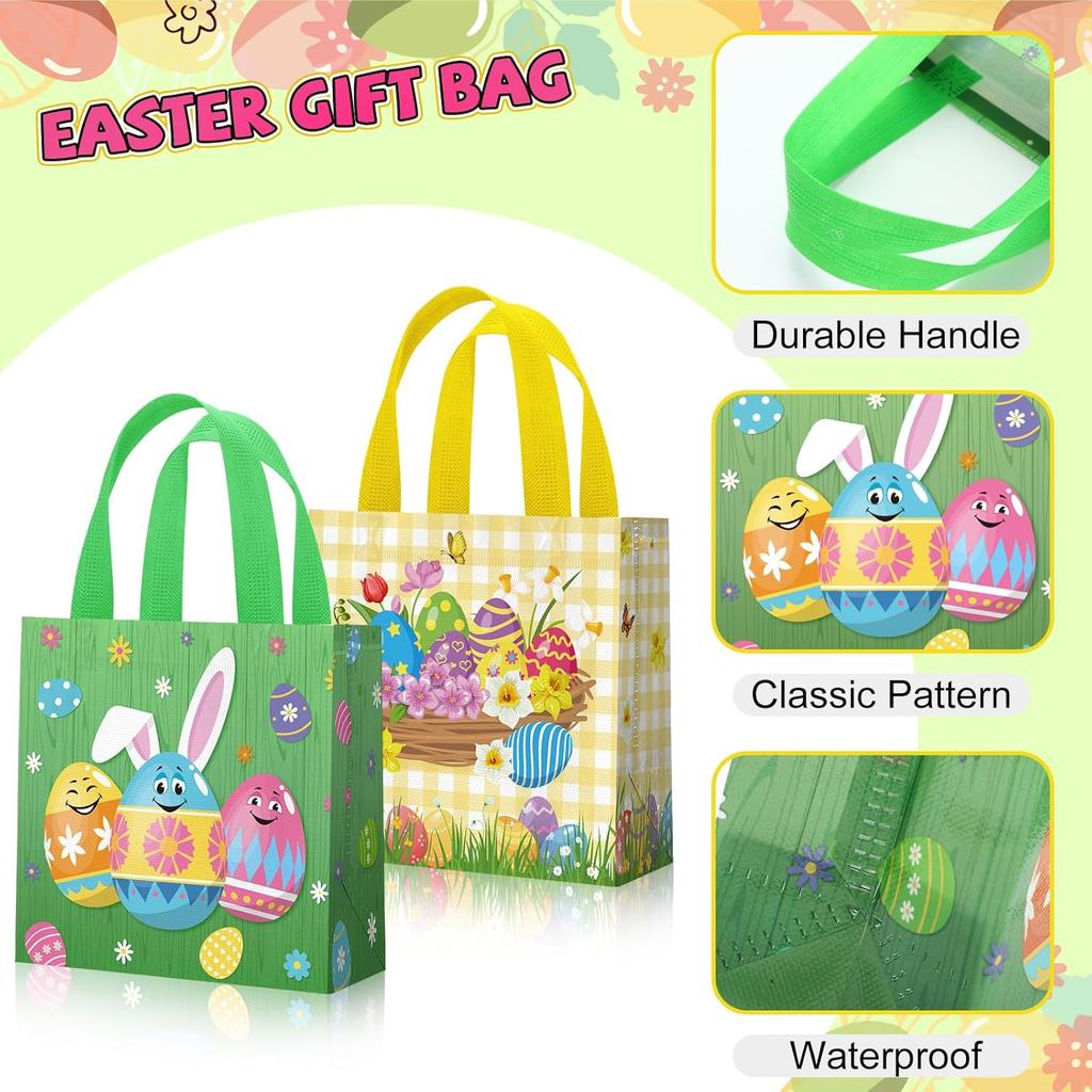 6 Pieces Easter Gift Bags Bulk Reusable Cute Easter Tote Bags with Handles Bunny Eggs Non Woven Holiday Goodie Basket