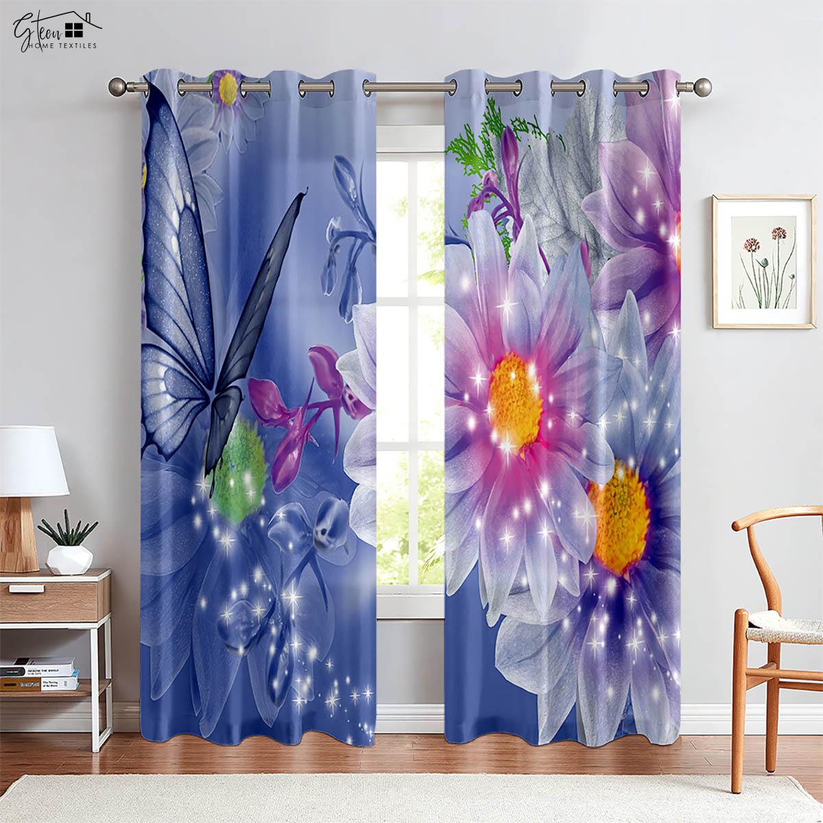 

Gorgeous Dream Butterfly Flower Three-Dimensional Printing Drapery Retro French Pastoral Fresh Bedroom Living Room Space Design Study Ornament Drape W50xH160(CM)x2PCS&Grommet Top