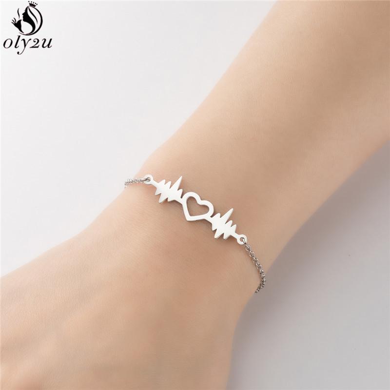 Stainless Steel Electrocardiogram Charm Bracelet for Women Hollow Love Heart Wristband Jewelry Doctor Nurse ECG Bracelets Gifts