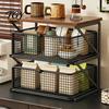 Compact Coffee Organizer Station with Drawer, Tiered Bar Organizer, Wooden Top Shelf, Desktop Storage Shelf Wire Mesh Drawers for Tea Bags, Capsules,