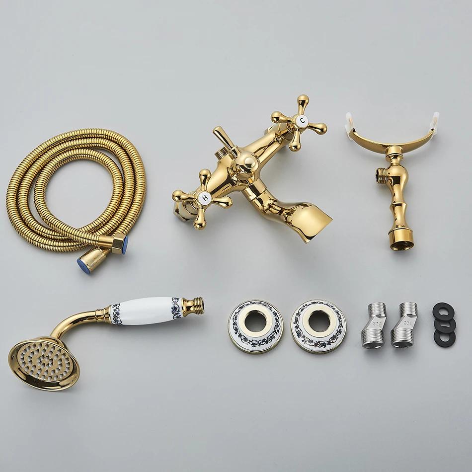 Luksusowy Złoto-Czarny Baterie Wannowe Mieszacz Styl Telefonu Z Natryskiem Ręcznym Obrotowa Wylewka Zestawy Mieszaczy Wody Gorącej i Zimnej do Wanny